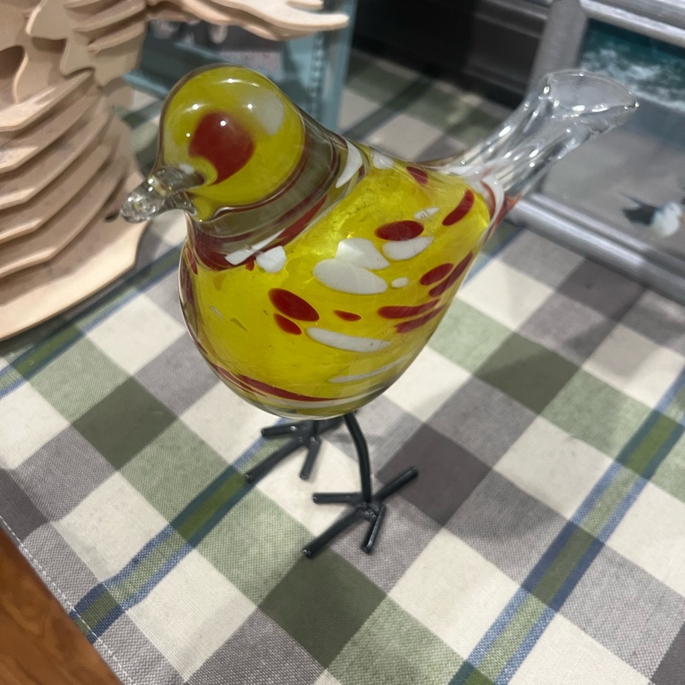 Handblown Yellow Glass Bird Figurine with Red & White Accents